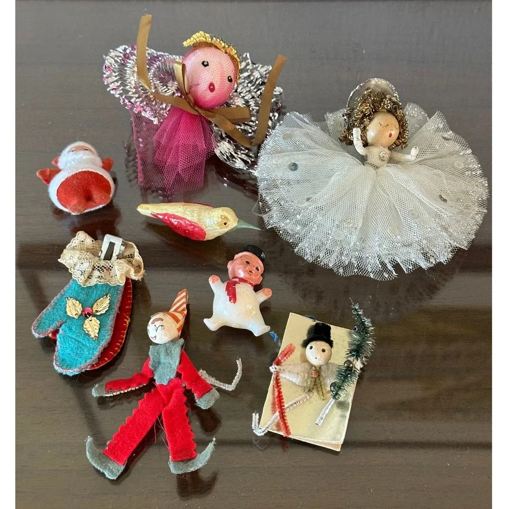 Vintage Christmas Ornament Lot Spun Cotton Angels Felt Elf Snowman Santa Retro